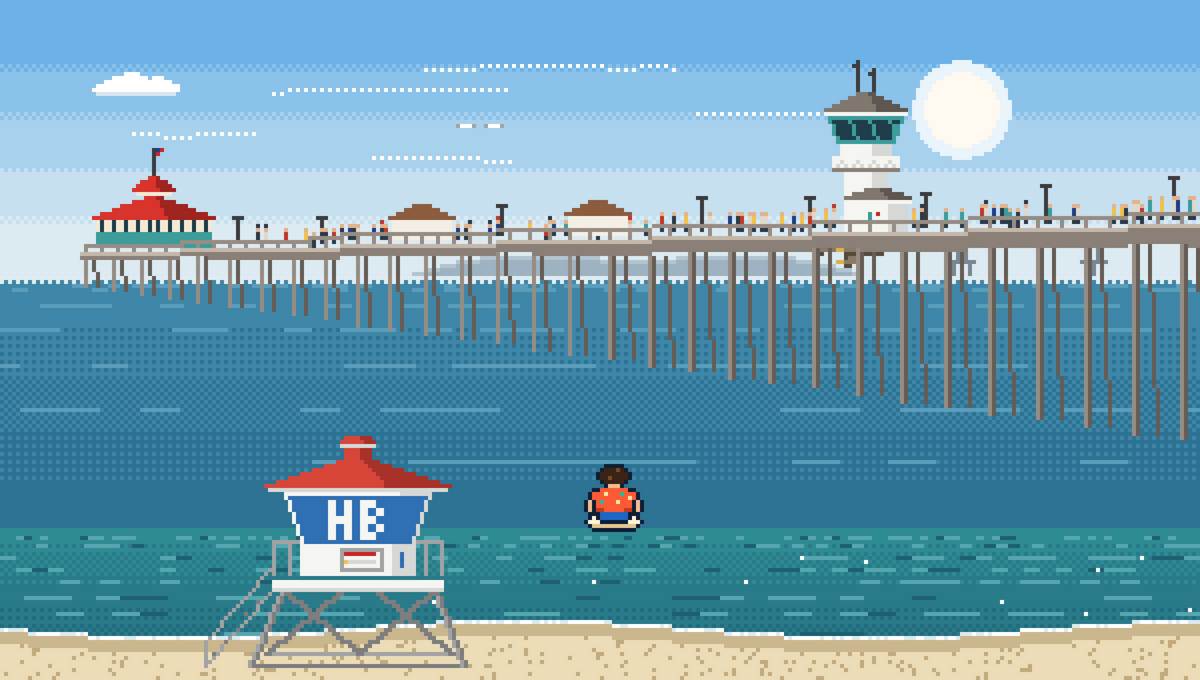 The Huntington Beach Pixel Pier design, in pixel art